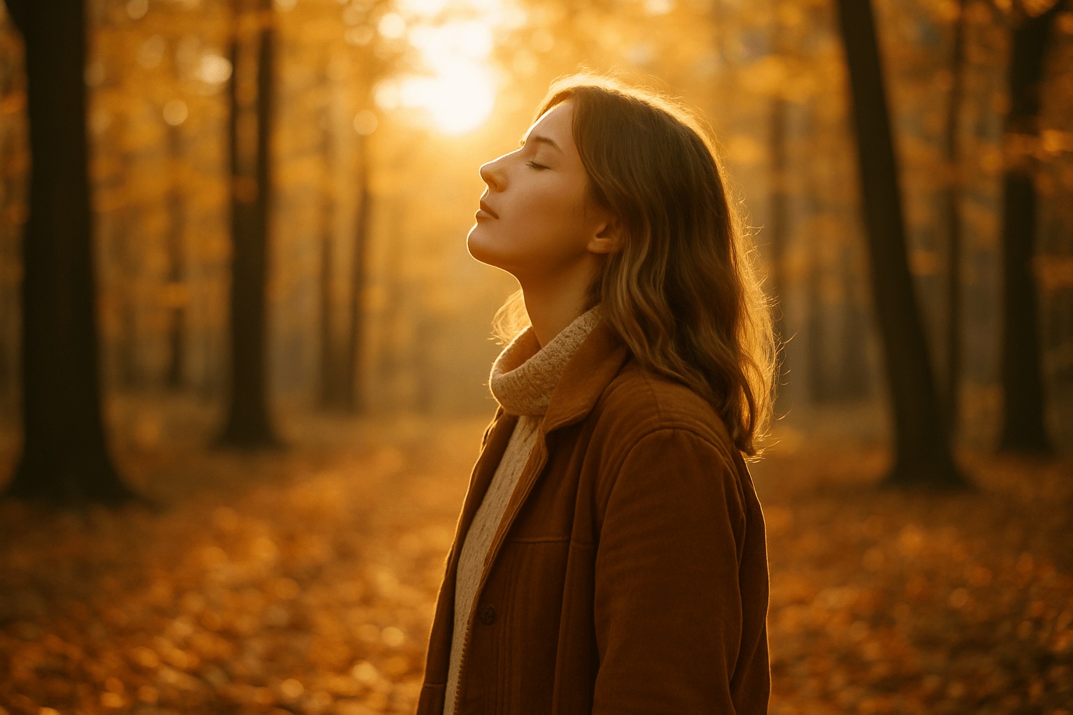 Frau steht ruhig im herbstlichen Wald und schaut ins Licht – Symbol für Selbstfürsorge und Präsenz.
